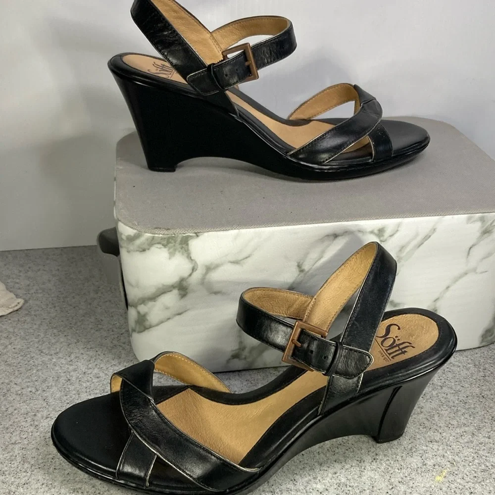 Sofft size 9 3” wedge heel with buckle around ankle.‎ Super soft leather. Box 3